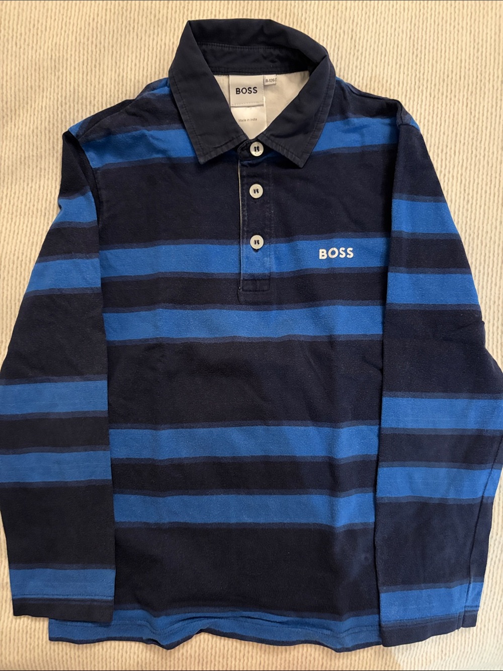 Boss Boys' Navy and Royal Blue Striped Long-Sleeve Polo
